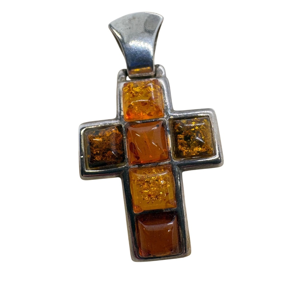 Vintage 925 Sterling Silver Multi Tone Resin Curved Cross Pendant 3.58g